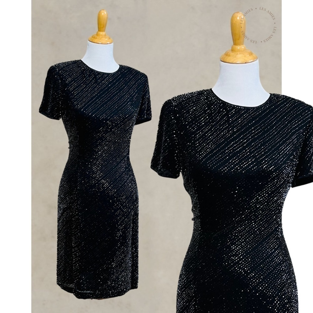 Vintage Bieff Basix Silk Fully Hand Beaded Short‎ Sleeves Black Cocktail Dress